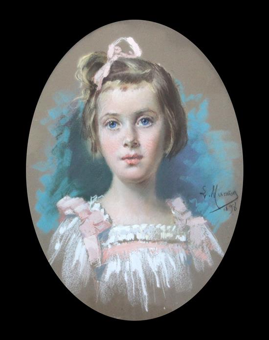 Louis Muraton (1850-1901) Portrait of a young girl with ribbon in her hair, oval, 18 x 14.5in.